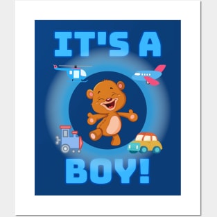 It's a Boy baby gender revealing in blue with a teddy bear Posters and Art